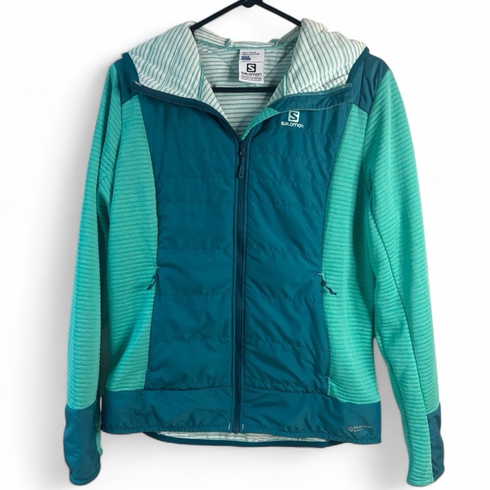 Salomon Pertex Quantum Hooded Full Zip Jacket Teal Aqua Striped L Lightweight
